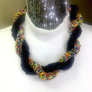 Vintage Artisan Seed Bead Black Rainbow Statement Chunky Necklace 23"
